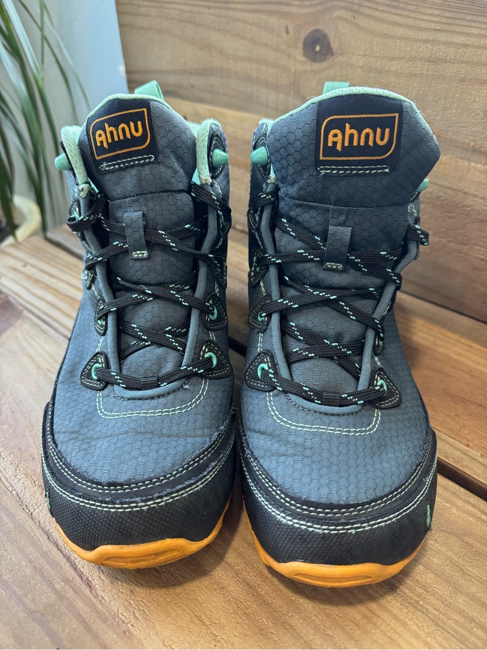 Ahnu Gray and Mint Hiking Boots